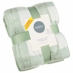 Simply Sage & Gingham Polar Fleece Throw 2pk
